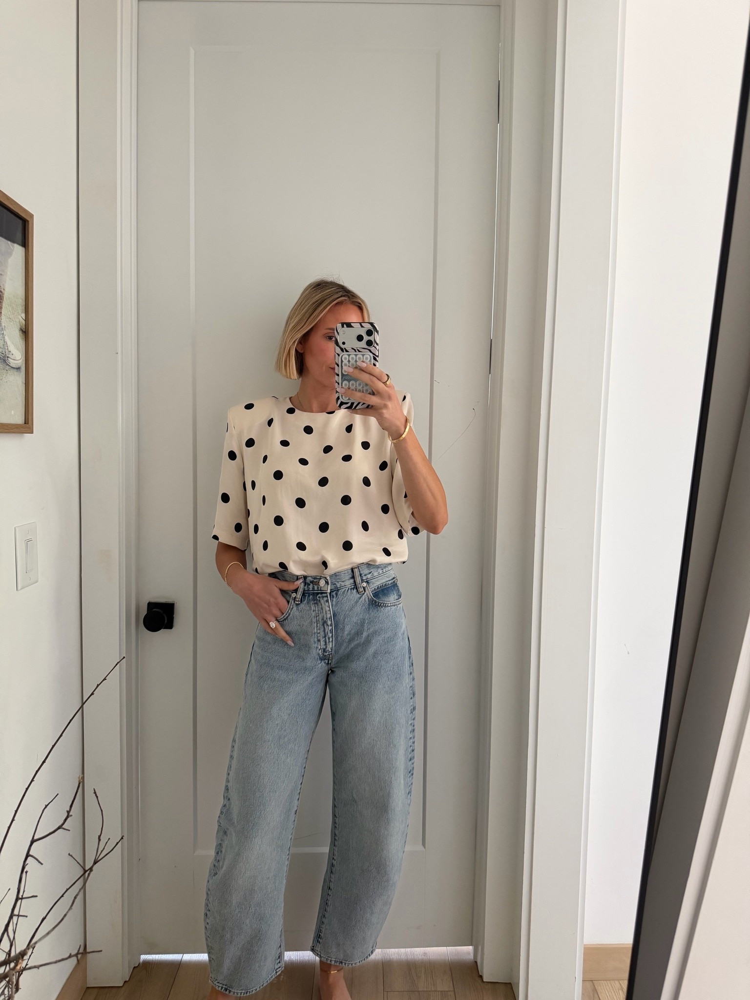I believe my top is sold out in the polka dot, but it’s still available in the brown. It definitely looks more expensive than what it is. ￼

#LTKootd #LTKstorytime #LTKOver40