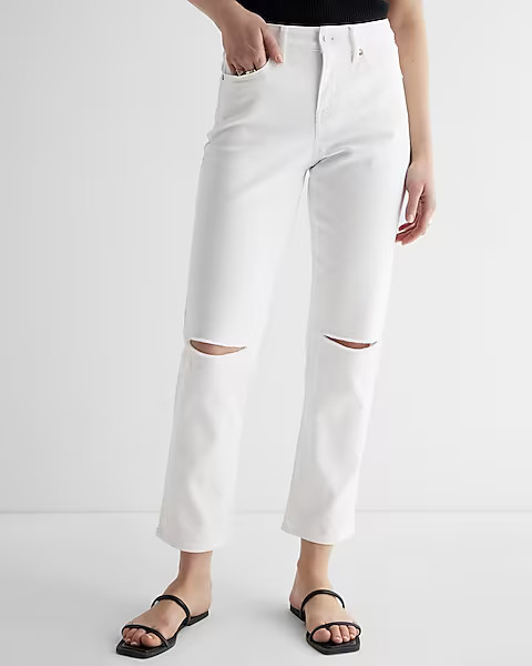 Mid Rise White Ripped Boyfriend Jeans | Express