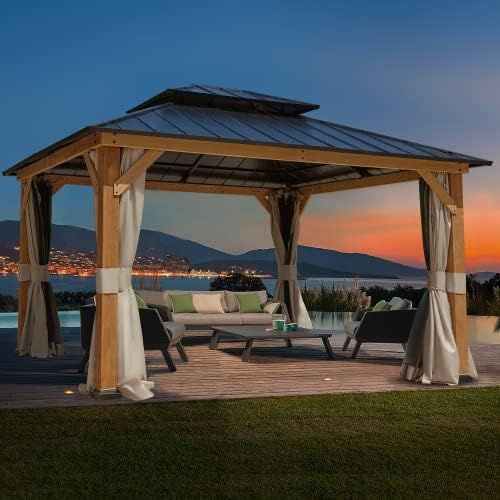 Erinnyees 11' x 13' Solid Wood Gazebo, Outdoor Metal Hardtop Roof with Privacy Curtains and Mosquito | Amazon (US)