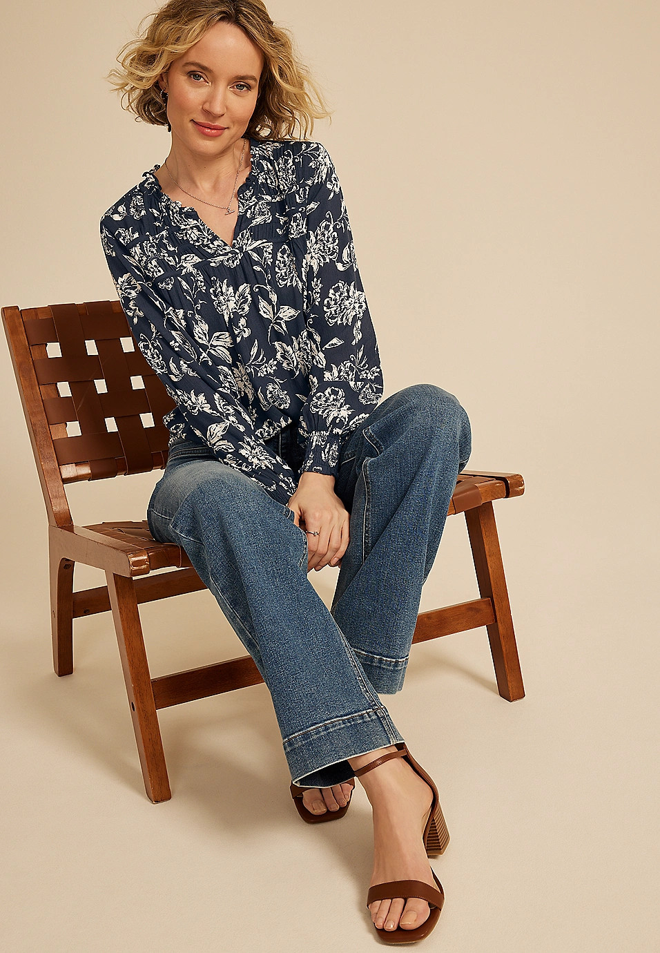 Ruffle Trim Split Neck Blouse | Maurices