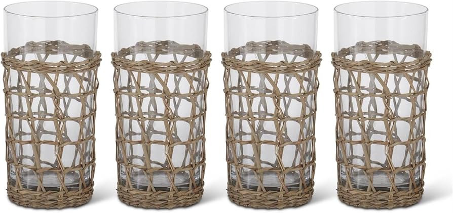 K&K Interiors Hand-Woven Cane & Glass High Ball Drinking Glasses, 6.25-Inch, Set of 4 | Amazon (US)
