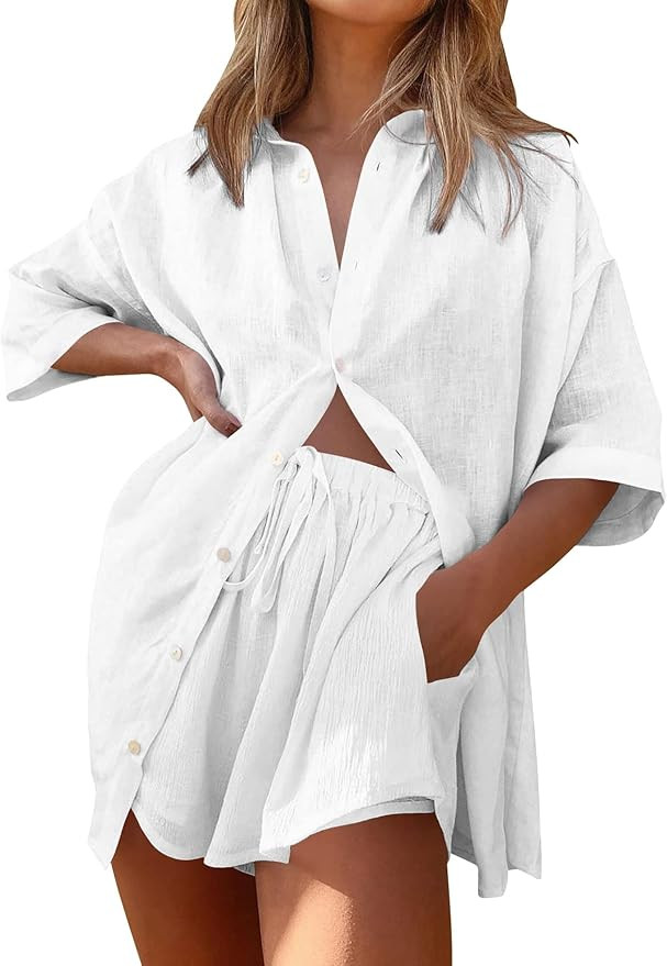 Gafeng Womens 2 Pieces Linen Set V Neck Short Sleeve Button Down Shirt Blouses & Shorts Summer Lo... | Amazon (US)