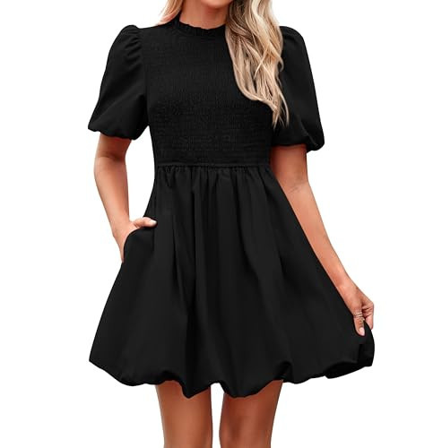 KIRUNDO Womens Summer Smocked Mini Dress 2025 Spring Puff Short Sleeve Boho Ruffle Crewneck Bubble A Line Short Dresses(Black, Small) | Amazon (US)
