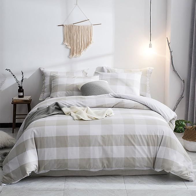 Merryfeel Duvet Cover Set,100% Cotton Yarn Dyed Plaid Check Duvet Cover Set - Full/Queen Linen | Amazon (US)