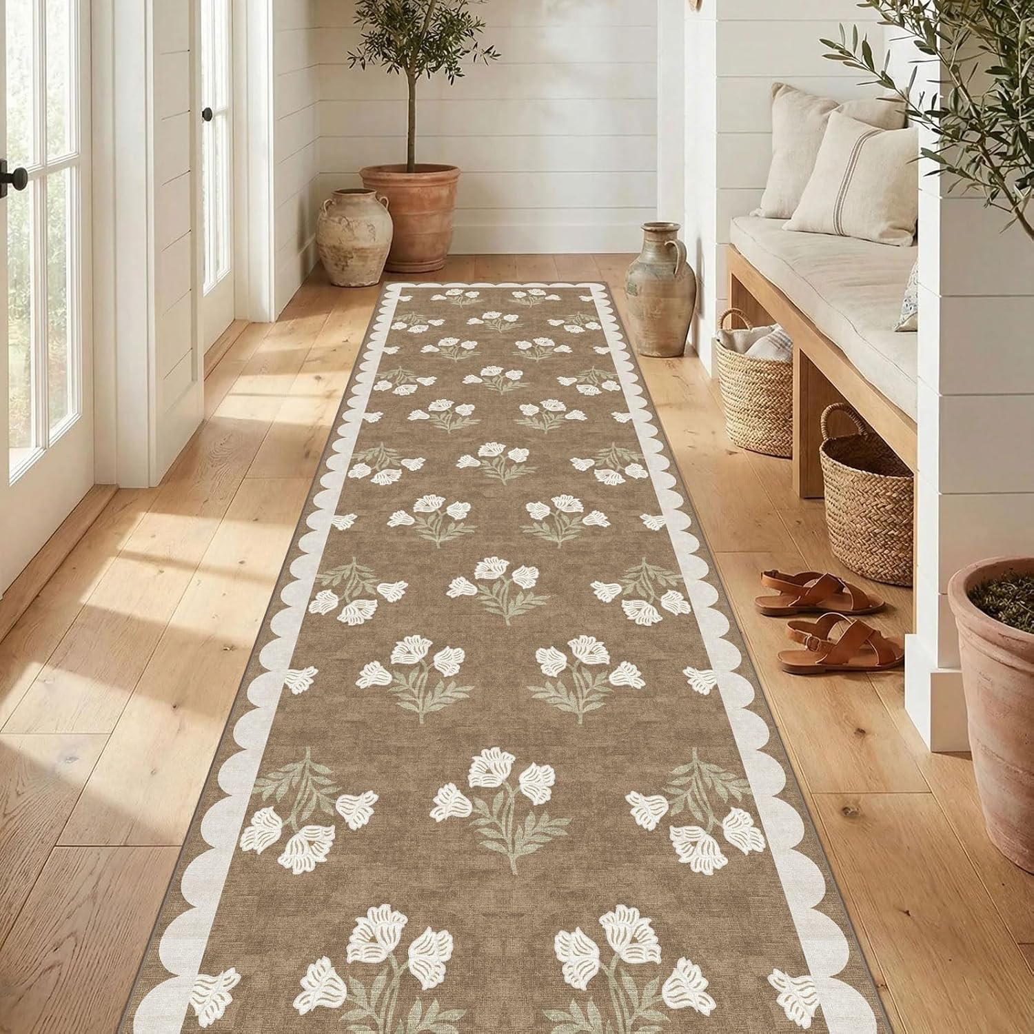 Non Slip Washable Hallway Runner Rug - 2.6x10 Long Tan Kitchen Runner Rug Soft Boho Runners for Hallways Cottage Floral Scalloped Area Rug for Bedroom Entryway Foyer Bathroom Double Vanity | Amazon (US)