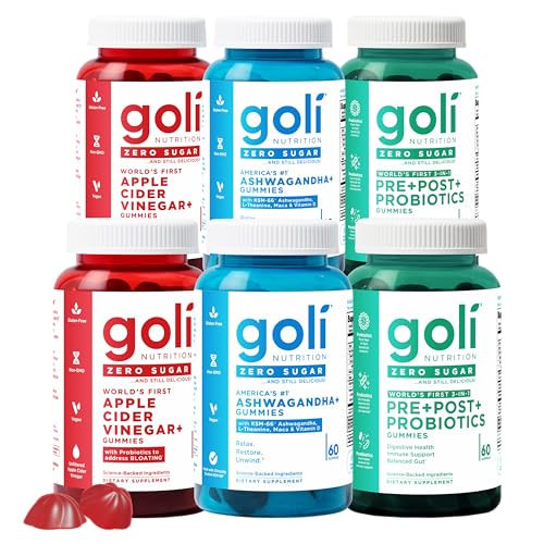Goli Zero Sugar 6 Pack Bundle - World's First 3-in-1 Pre, Post, Probiotic, Apple Cider Vinegar with Vitamin B12 and Probiotics to Address Bloating, Ashwagandha & L-Theanine, Vitamin D Gummies | Amazon (US)