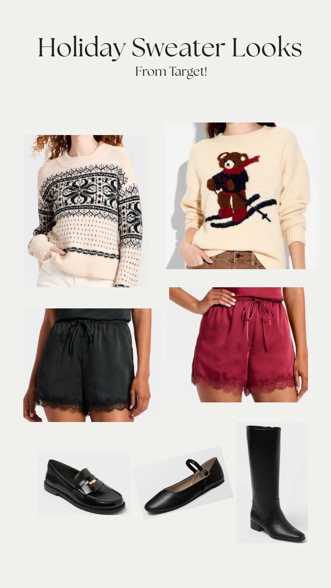 Holiday sweater looks with satin shorts! Size up in the sweater for an oversized look! Pair with tights or stockings if a chilly night! 

#LTKHoliday #LTKCyberWeek #LTKGiftGuide