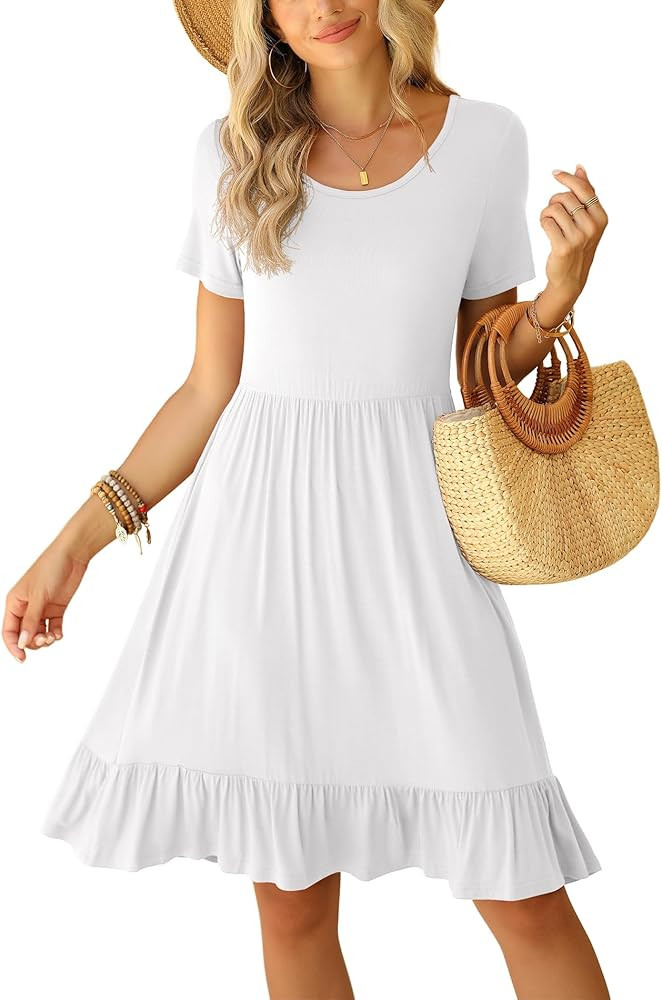 LILBETTER Round Neck Knee Length Dress for Women with Pockets Casual Summer Short Sleeve Pleated ... | Amazon (US)