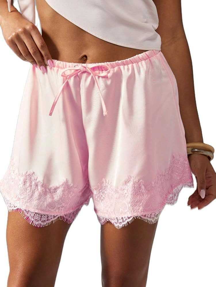 Women Lace Trim Satin Silk Shorts Y2K Patchwork Silky Mini Shorts Elastic Waist Pajama Slip Botto... | Amazon (US)