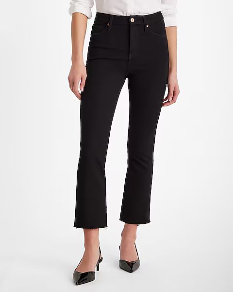 High Waisted Black Rinse Raw Hem FlexX Cropped Flare Jeans | Express (Pmt Risk)