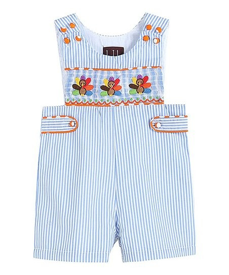 Light Blue Stripe Turkey Smocked Overalls - Infant & Toddler | Zulily