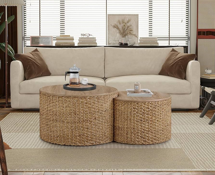 Nesting Coffee Table Set of 2, Coastal Coffee Table with Storage, Woven Coffee Table with Soild W... | Amazon (US)
