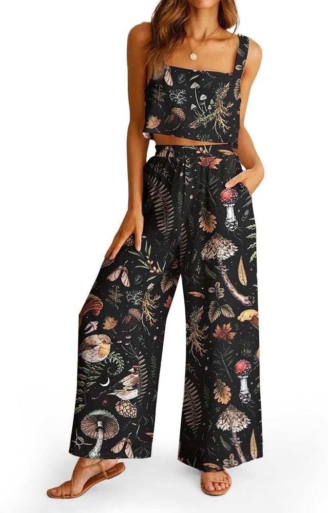 2 Piece Sets for Women Casual Summer Outfit Womens Crop Top with Wide Leg Pants Lounge Set Matchi... | Amazon (US)