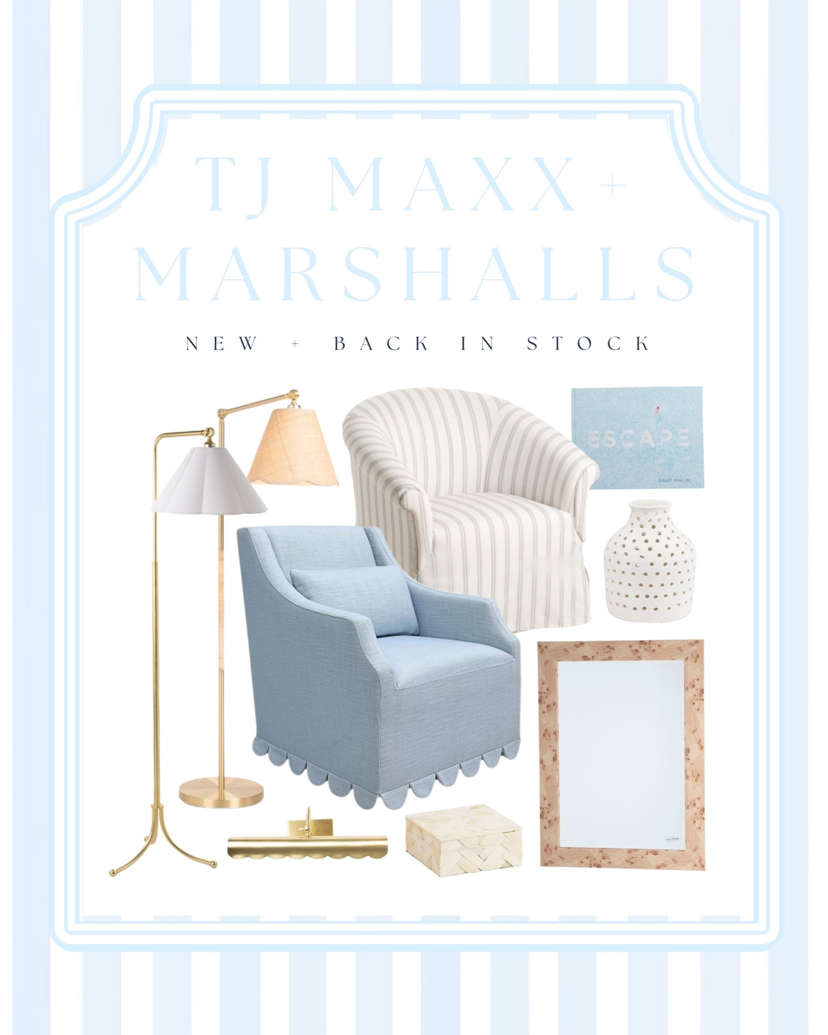 TJ Maxx + Marshalls NEW & BACK IN STOCK coastal home decor finds 🤍💙 So many good pieces for a coastal, Nancy Meyers style, and grandmillennial home — including blue scallop edge accent chairs, striped upholstered chairs, brass lighting, coastal floor lamps, decorative vases, burl wood mirror + more!

If you love the Serena & Lily, Ballard Designs, Pottery Barn, and designer-inspired look for less, you’ll want to check these out! I’m rounding up all of my favorite TJ Maxx and Marshalls home decor finds here so you can easily shop the pieces I’m spotting in stores + online. 🛍️

Shop my finds + follow along for more TJ Maxx, Marshalls & HomeGoods home decor finds!

#TJMaxx #Marshalls #TJMaxxFinds #MarshallsFinds #HomeDecor #CoastalHomeDecor #CoastalDecor #CoastalGrandmother #GrandmillennialDecor #BlueAndWhiteDecor #CoastalFurniture #HomeDecorFinds #DesignerLookForLess #AffordableHomeDecor 

@TJ Maxx @Marshalls

#LTKHome #LTKSaleAlert