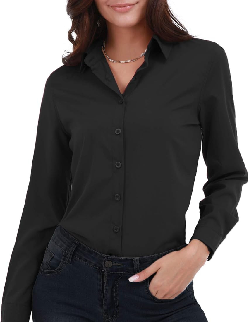 Women's Basic Button Down Shirts Long Sleeve Plus Size Simple Stretch Formal Casual Shirt Blouse | Amazon (US)