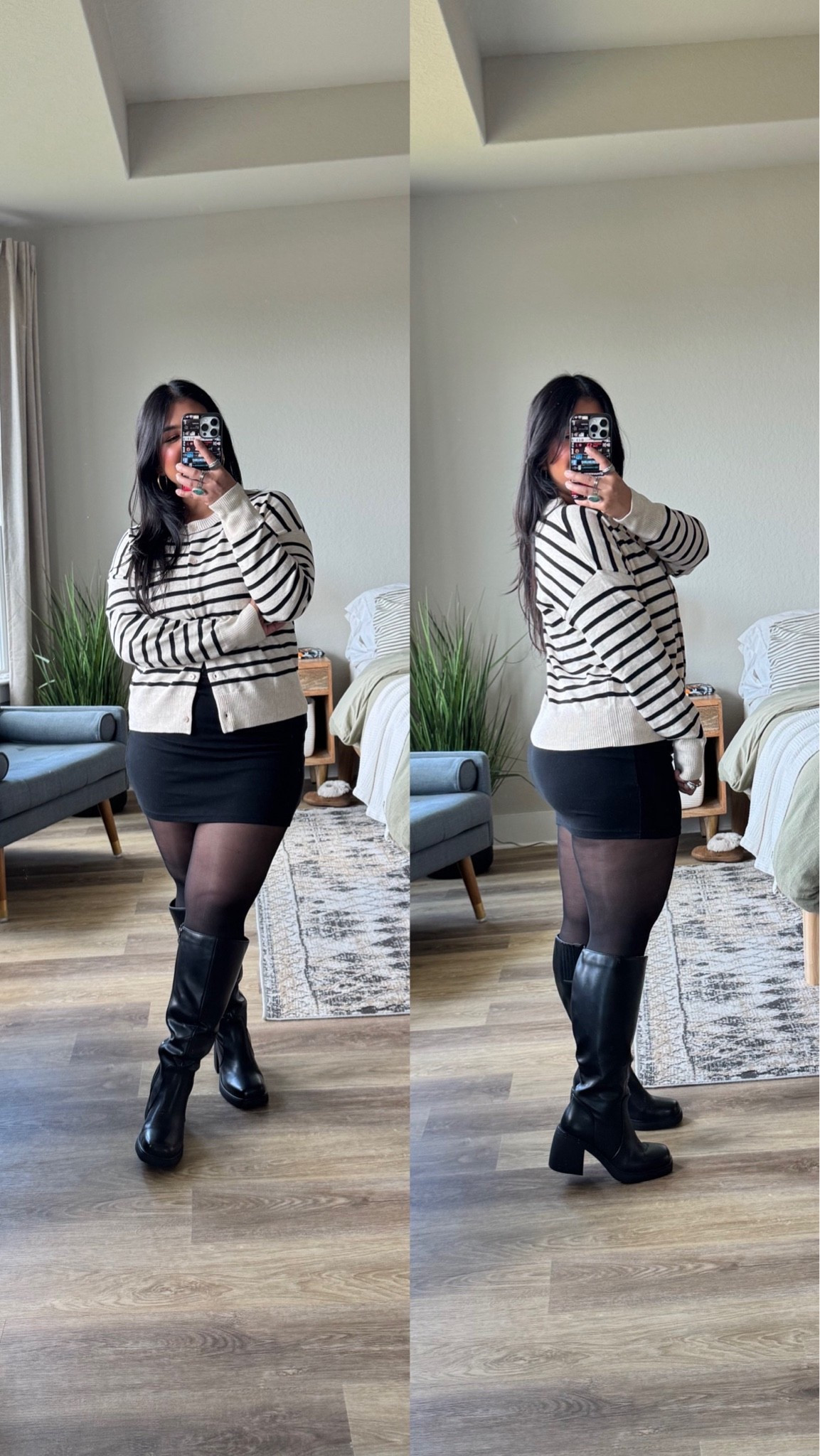 The BEST x-wide calf boots that actually fit my 16.5in calves. The black come in wide and x-wide, I’m wearing the X-wide in my true size 7. // wearing a L in the cardigan and an XL in the skirt. // I can’t link the tights here but they are from Sheertex.