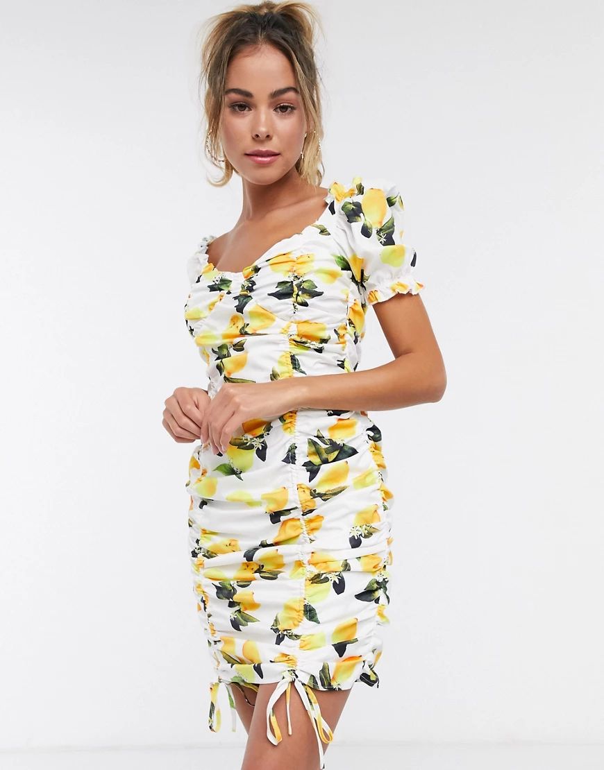 Missguided milkmaid dress with ruched detail in lemon print-Multi | ASOS (Global)