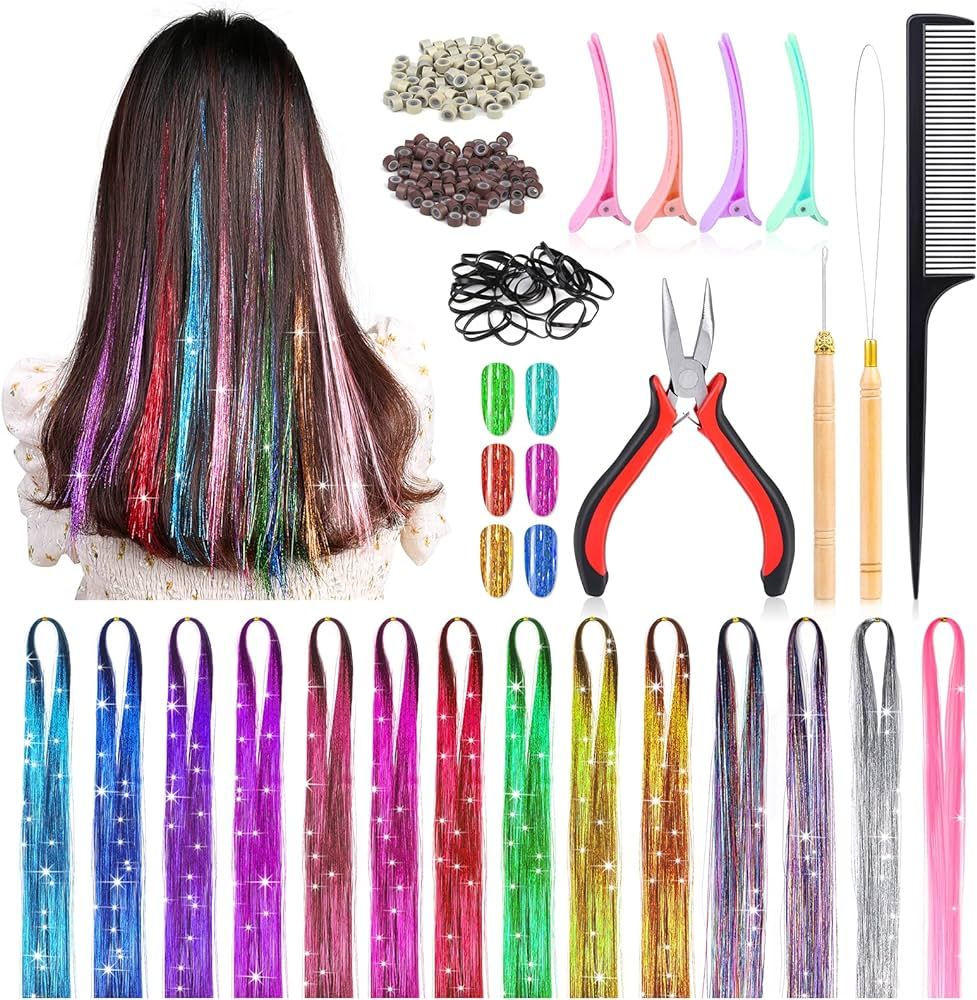 Mckanti 14 Colors Hair Tinsel Kit with Tool, 47 inch 2800 Strands Tinsel Hair Extensions for Wome... | Amazon (US)