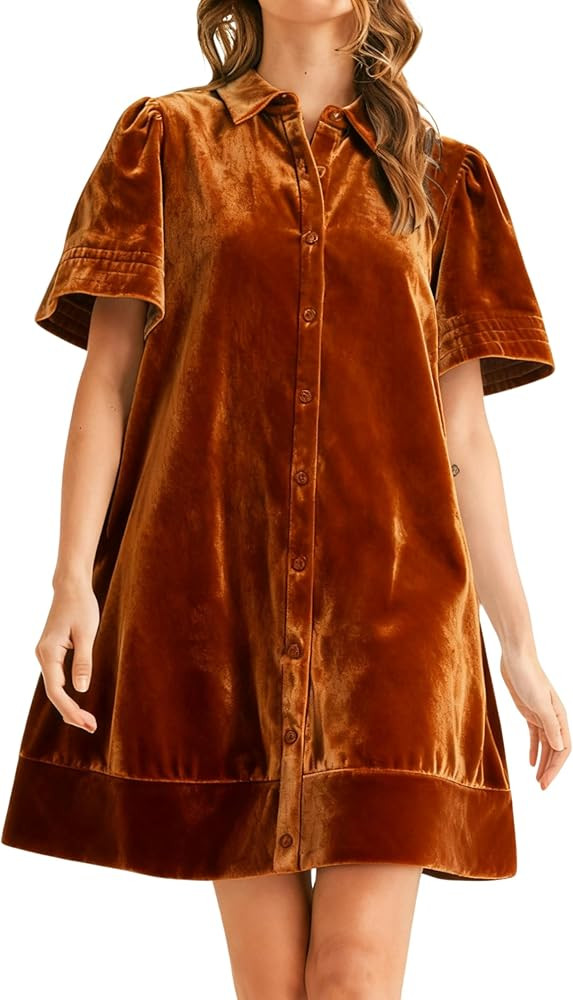 Women's Velvet Shirt Dress Lapel Button Down Short Puff Sleeve Mini Dresses Fall Winter Dress wit... | Amazon (US)