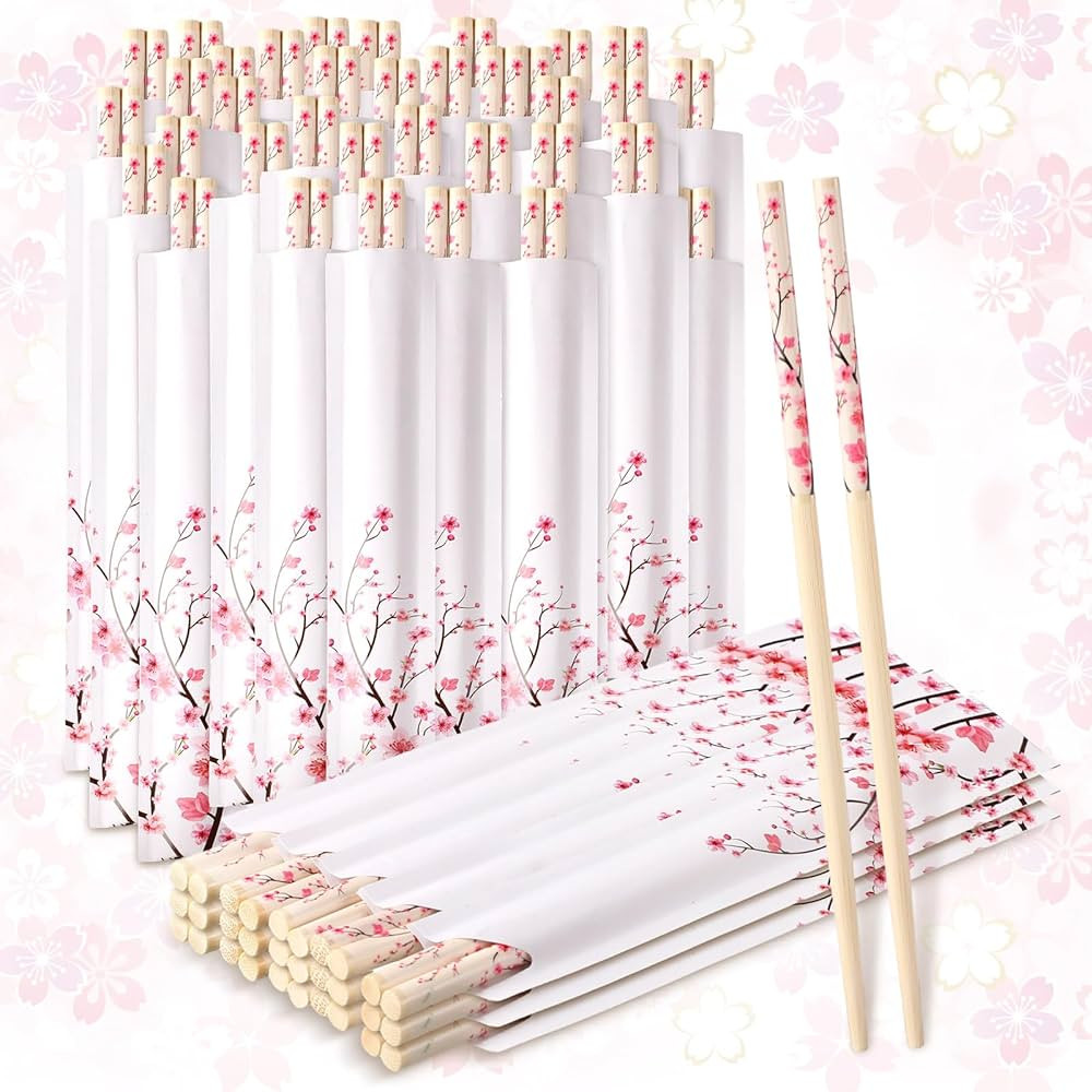50 Pairs Cherry Blossom Chopsticks Bulk with Sleeved Blue Flower Disposable Bamboo Eucalyptus Cho... | Amazon (US)