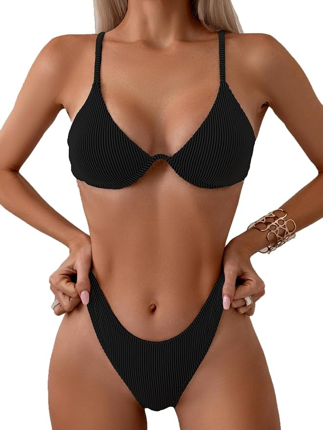 Fanuerg Women Underwire Triangle Bikini Spaghetti Strap Push Up Swimsuit Cheeky Two Piece Bathing... | Amazon (US)