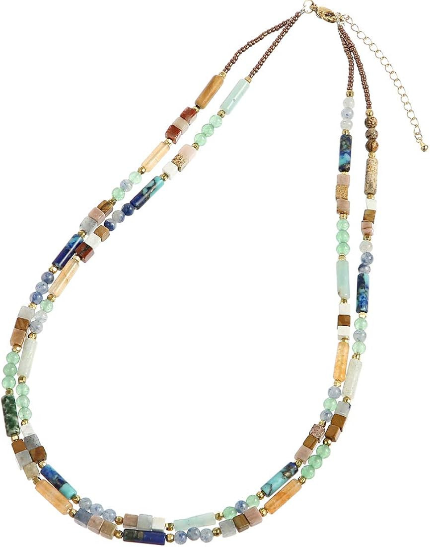 Boho Handmade Natural Jasper Stone Beaded Crystal Mixed Strand Short Necklace for Women Girl | Amazon (US)