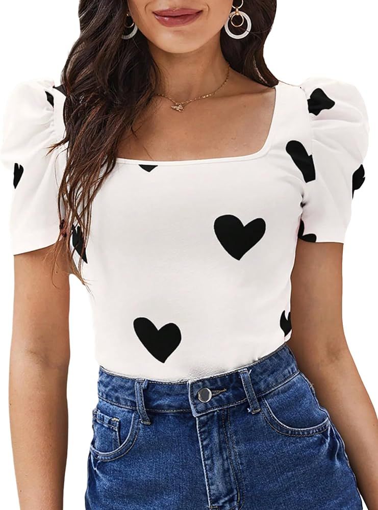 SOLY HUX Women's Heart Print T Shirt Square Neck Puff Short Sleeve Tee Tops | Amazon (US)