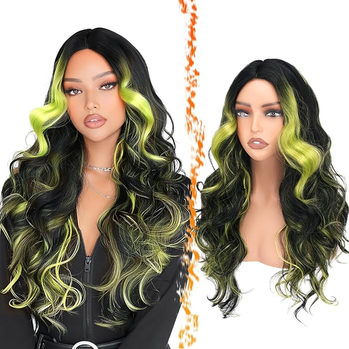 BARSDAR Black Green Highlight Long Wavy Wig with Curtain Bangs – 28 Inch Green Black Ombre High... | Amazon (US)