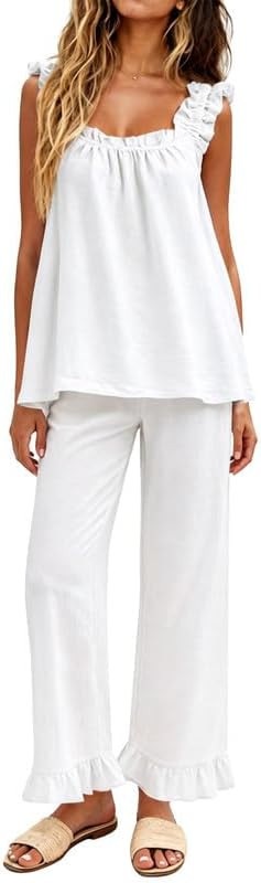 Marvmys Womens Pajamas Set 2 Piece Ruffle Pj Set Cute Pajamas Sexy Tank Top and Long Pants Bridal... | Amazon (US)
