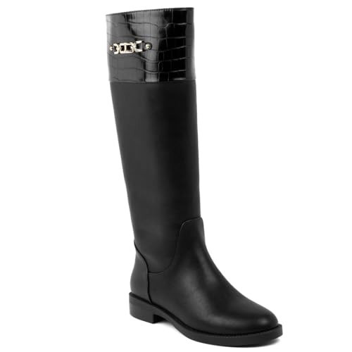 Jones New York Women’s Riding Boots – Classic Knee-High Equestrian Dress Boots with Gold Chain Accent, Side Zipper, and Comfortable Low Heel for Work or Everyday Wear-Minella-Black Size-9.5 | Amazon (US)