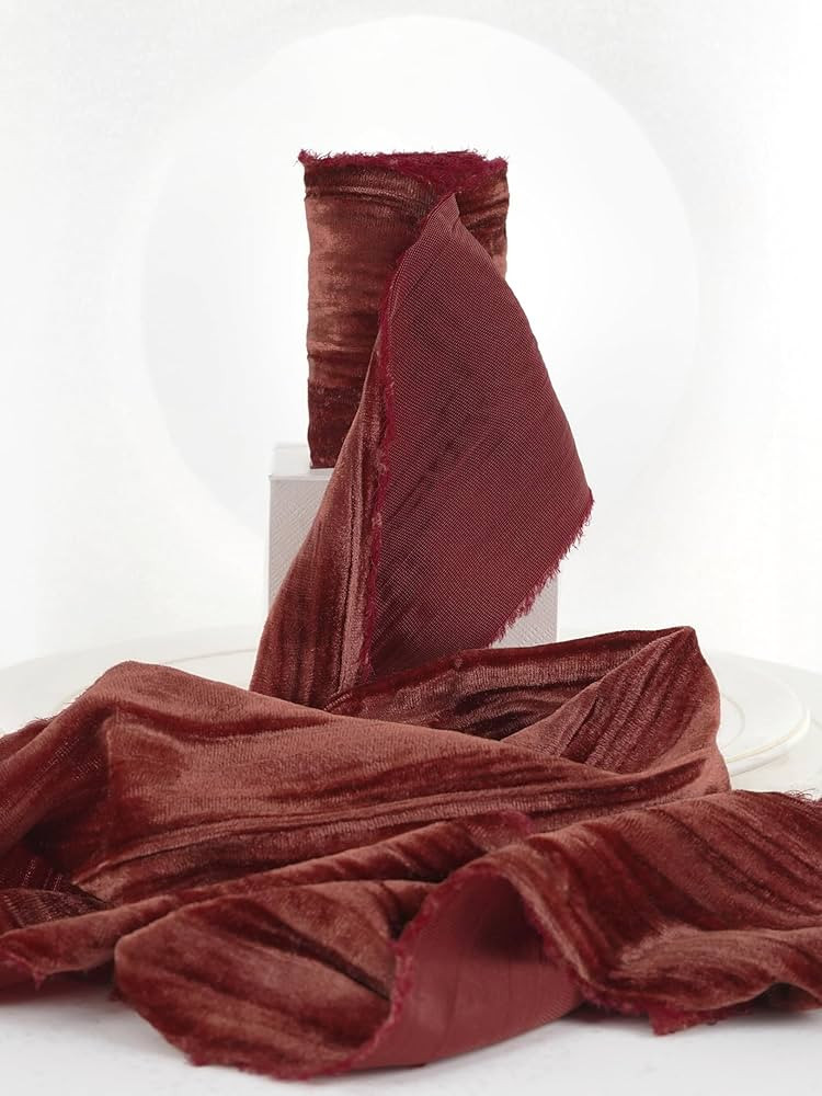 HUIHUANG Rust Red Velvet Ribbon 3 inch Rust Frayed Velvet Ribbon Crinkled Raw Edge Ribbon for Wre... | Amazon (US)