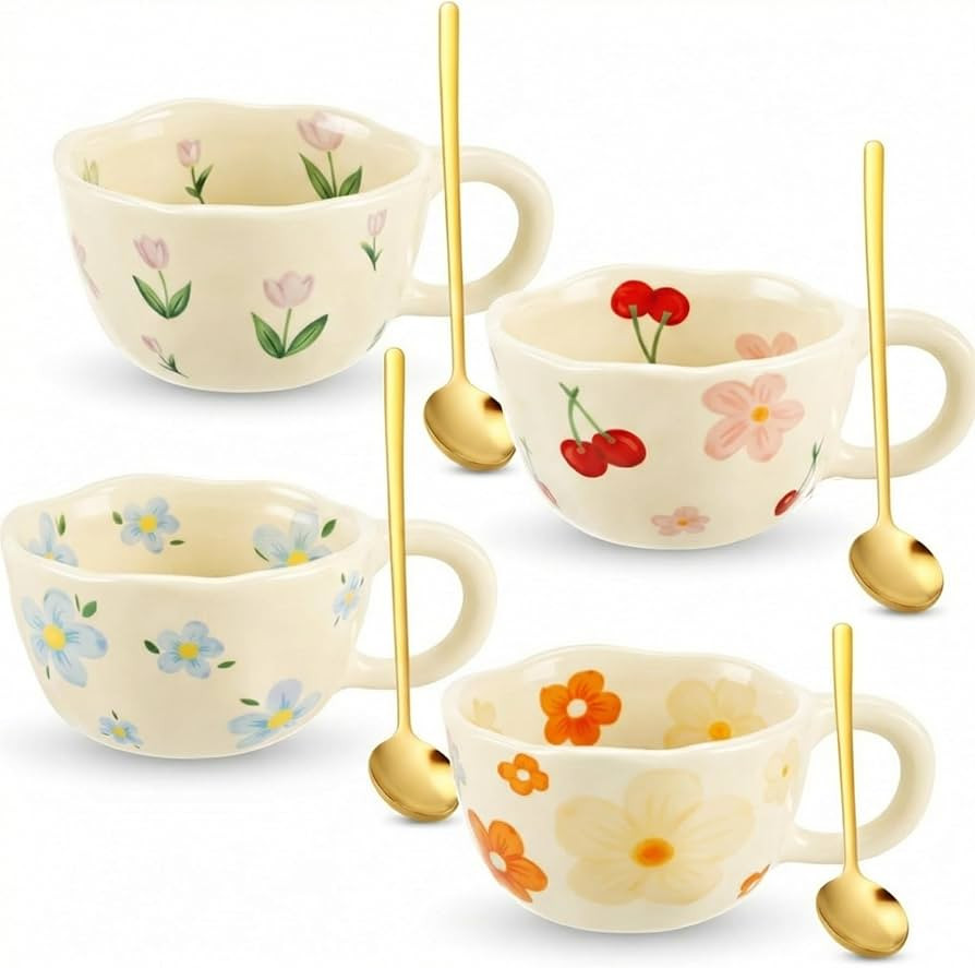 Vesici 4 Pack Ceramic Flower Coffee Mug Set 8.5 oz, Vintage Floral Cute Coffee Cups for Tea, Milk... | Amazon (US)
