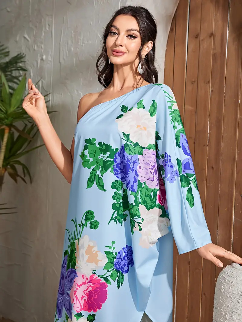 Floral Print One Shoulder Dress Casual Long Sleeve Dress - Temu | Temu Affiliate Program