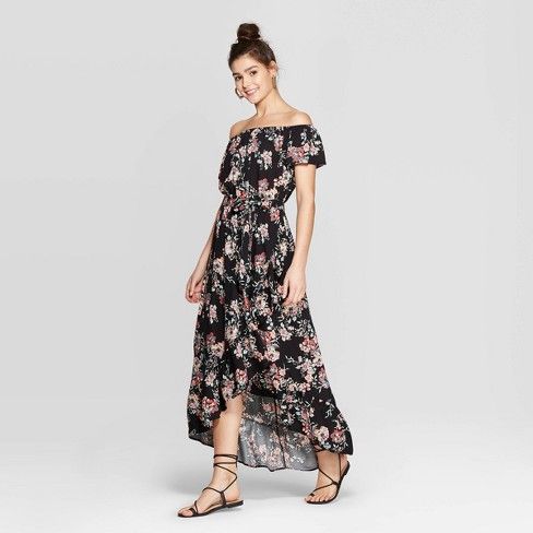 Women's Floral Print Short Sleeve Off the Shoulder High-Low Hem Maxi Dress - Xhilaration™ | Target