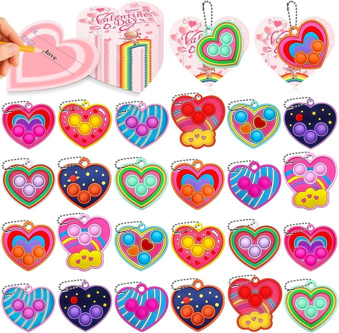 24 Pcs Valentines Day Gifts, Heart Pop Keychain Fidget Toys with Valentines Cards, Valentines Day... | Amazon (US)