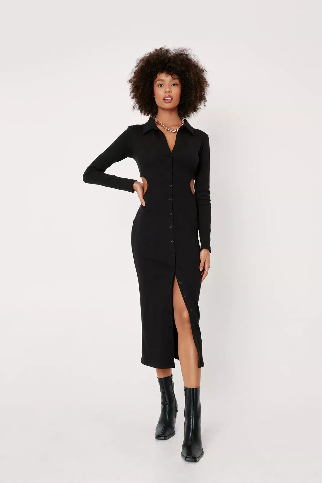 Cut Out Side Ribbed Midi Shirt Dress | Nasty Gal (US)