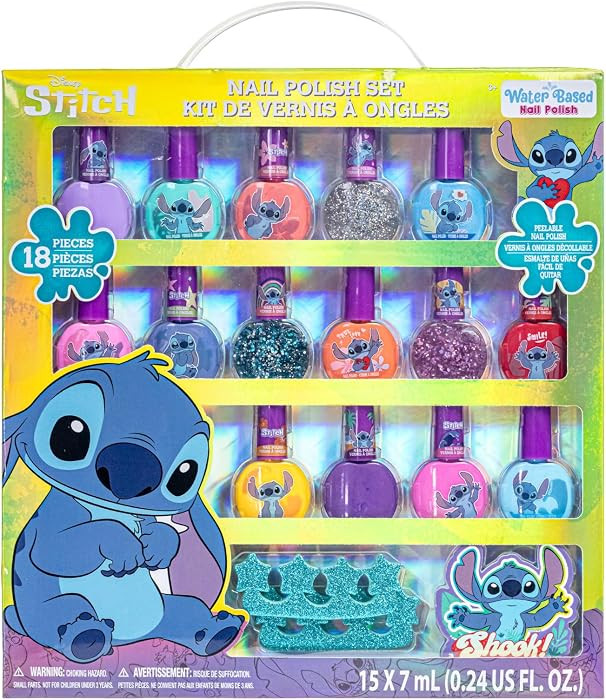 Disney Stitch 15 Piece Water-Based Kids Nail Polish Set with 2 Toe Spacers, 1 Nail File, Quick Dr... | Amazon (US)