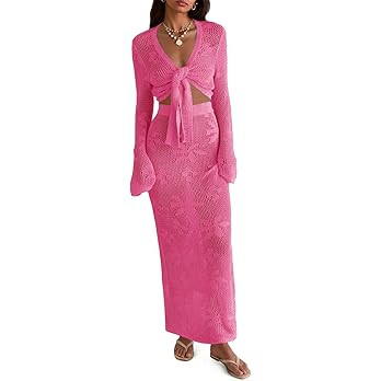 Saodimallsu Womens Crochet Swim Cover Up 2 Piece V Neck Long Sleeve Wrap Tie Crop Tops Beach Boho... | Amazon (US)