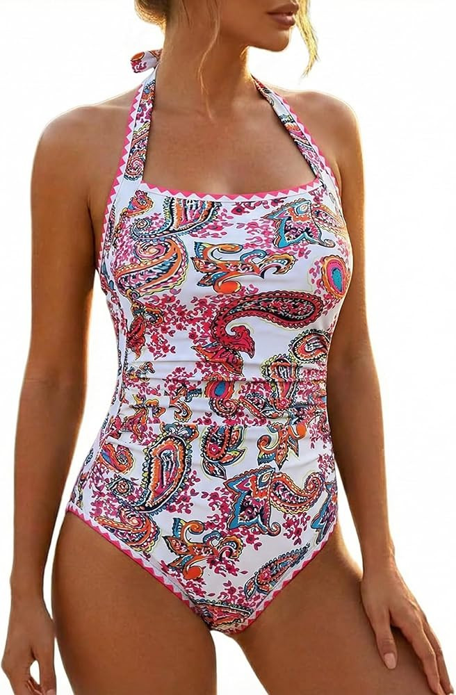 Hilor Women's One Piece Swimsuits Tummy Control Bathing Suits Halter Scalloped Vintage Swimwear R... | Amazon (US)