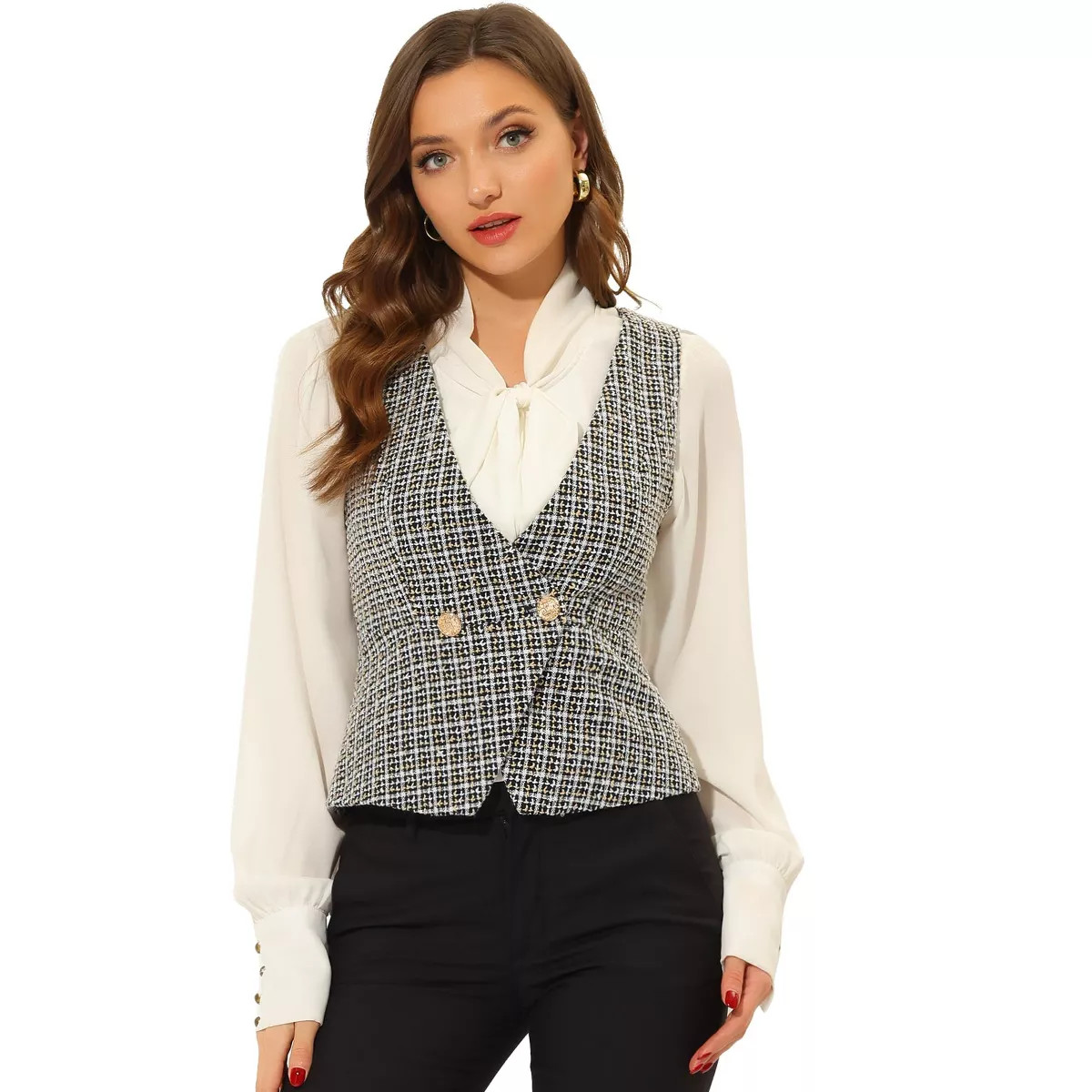 Allegra K Women's Vintage Tweed Vest Double Breasted Sleeveless Plaid Waistcoat Jacket | Target