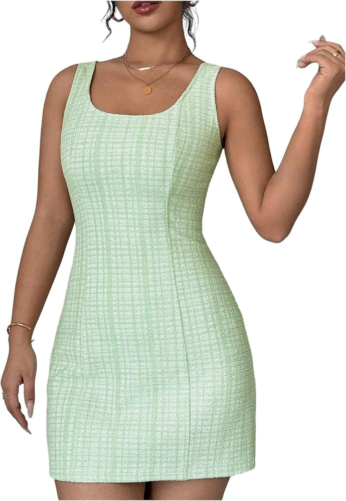 Floerns Women's Houndstooth Mini Dress Knit Jacquard Scoop Neck Bodycon Wedding Guest Dresses | Amazon (US)
