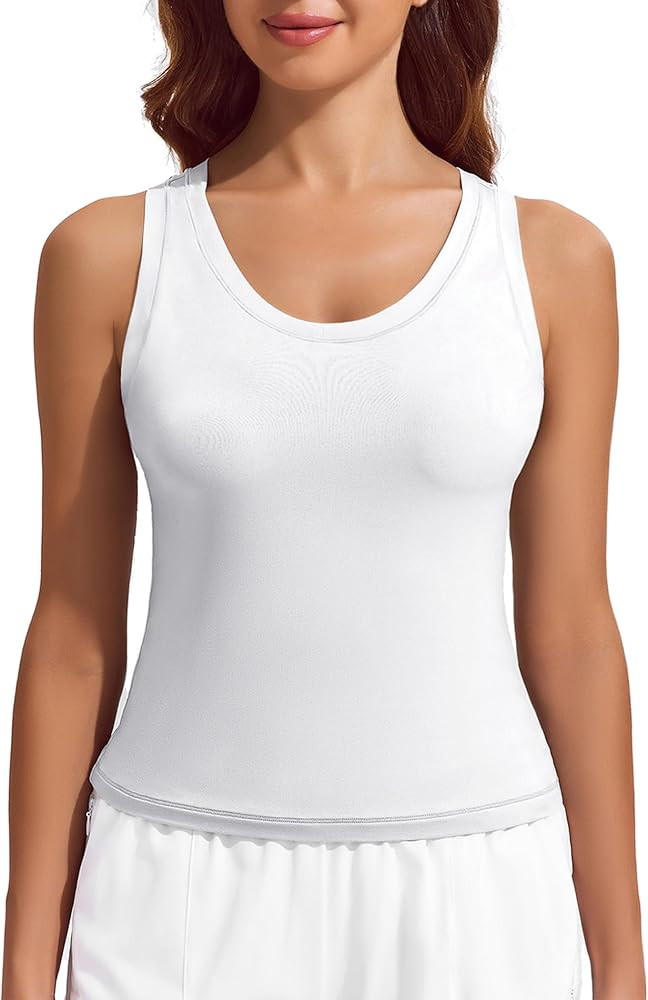 PINSPARK Workout Tops for Women Double Lined Athletic Shirts Scoop Neck Racerback Gym Tanks Sleev... | Amazon (US)