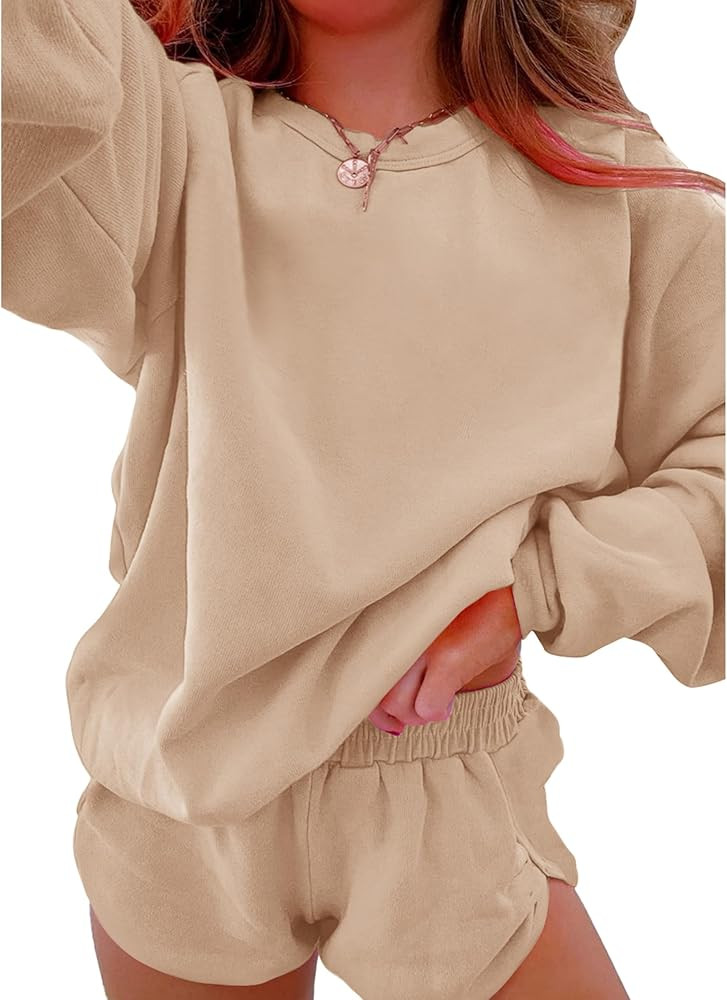 SELINK Women 2 Piece Outfits Sweatsuit Casual Long Sleeve Pullover and Shorts Sets Travel Tracksu... | Amazon (US)