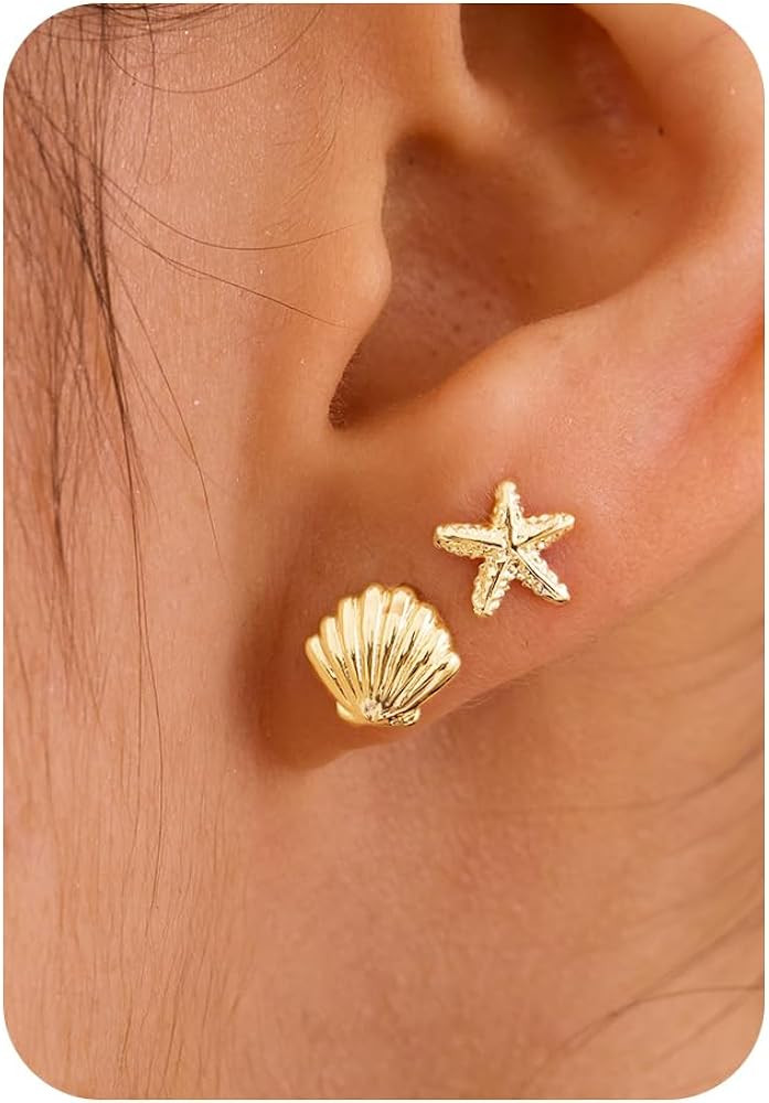 Gold Earrings for Women - 2 Pairs/1 Pairs 14K Gold/Silver Plated Small Shell, Starfish, Turtle, S... | Amazon (US)