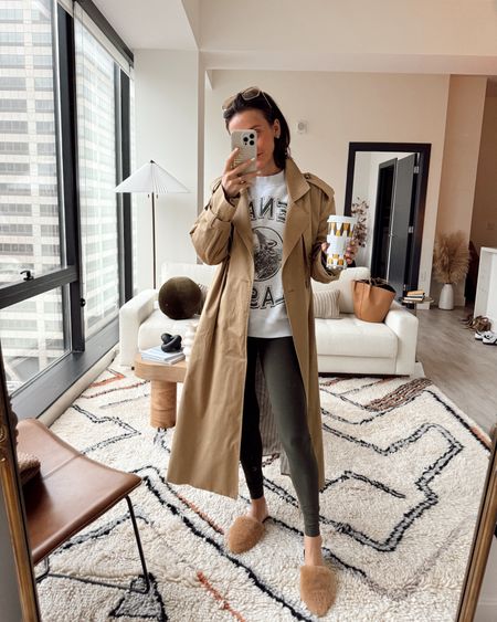 Real outfit of the morning! 
Men’s sweatshirt so cozy and warm
Align leggings size 2
My most loved and worn trench coat size XS, fits perfectly oversized so you can wear for travels over sweatshirts and thicker layers
Shearling slippers I love! 
Travel outfit 

#LTKshoecrush #LTKtravel #LTKstyletip