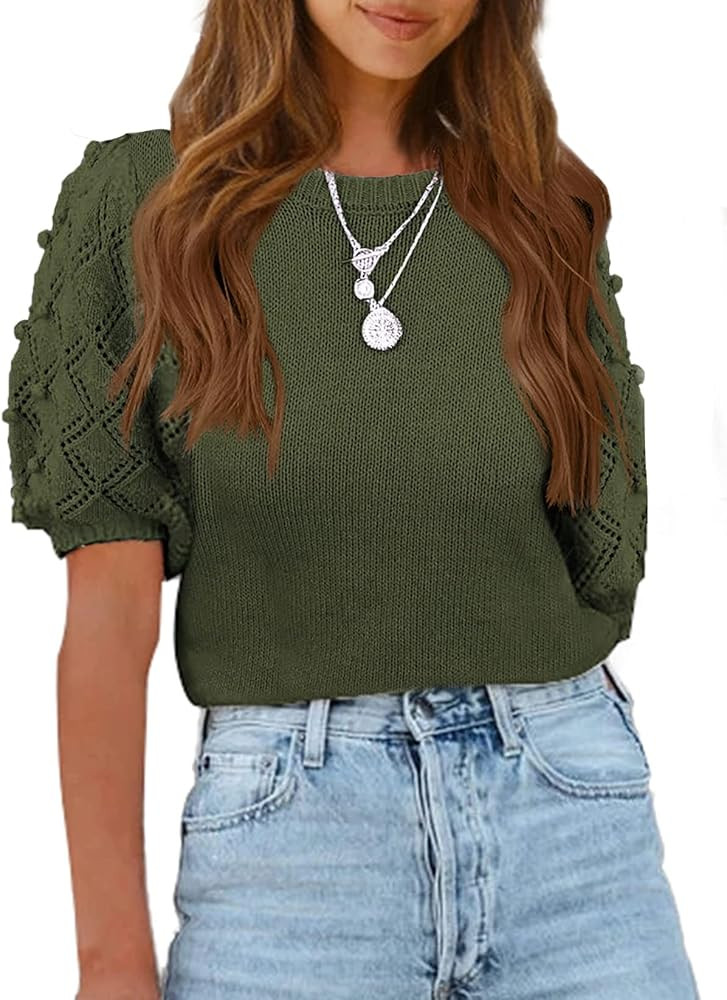 BTFBM Women's Crew Neck Knit Blouses Tops Cute Dot Puff Short Sleeve Casual Solid Color Loose Lightw | Amazon (US)