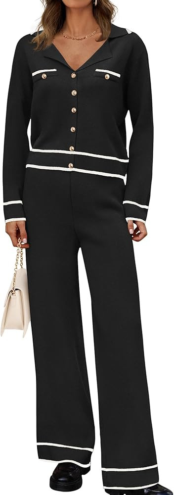 ZESICA Womens Fall Knit Two Piece Outfits Casual Long Sleeve V Neck Sweater Shirts and Wide Leg P... | Amazon (US)