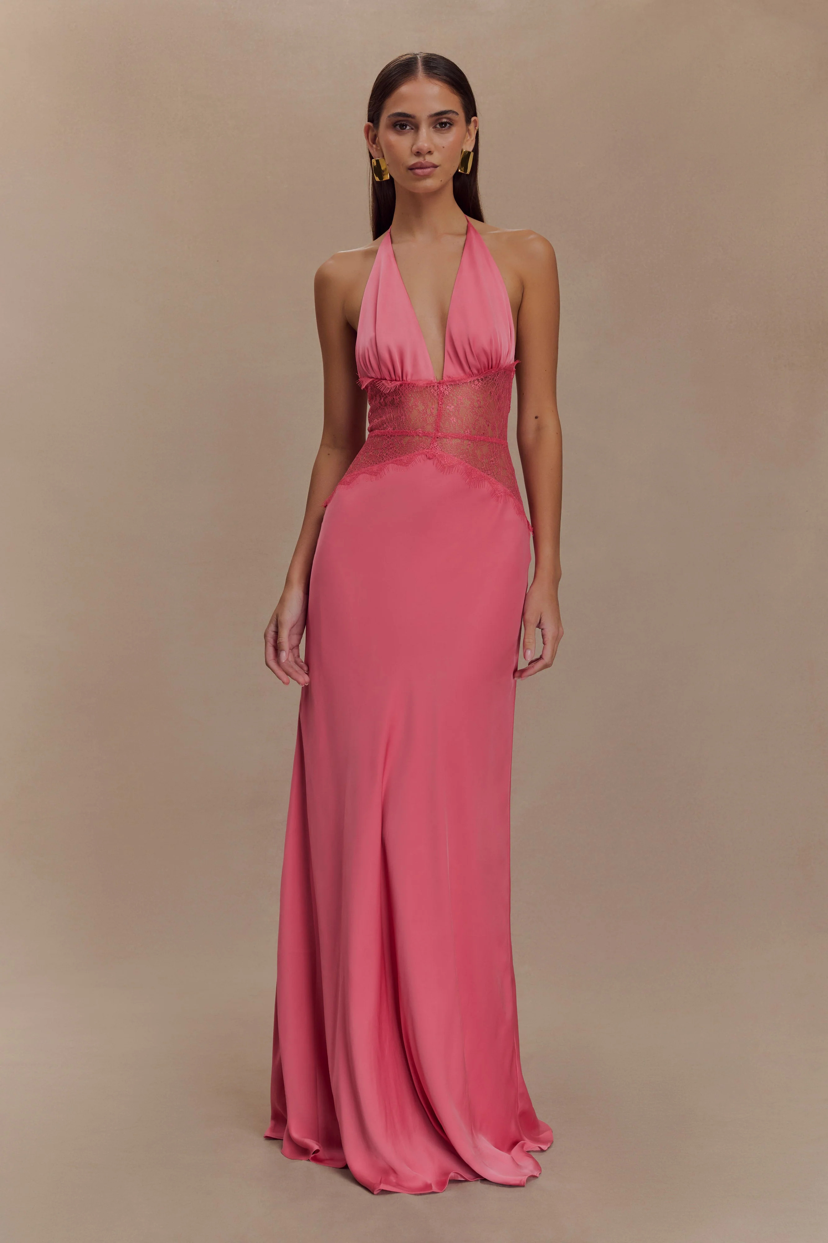 Dinah Lace And Satin Maxi Dress - Blush Rose | Meshki UK
