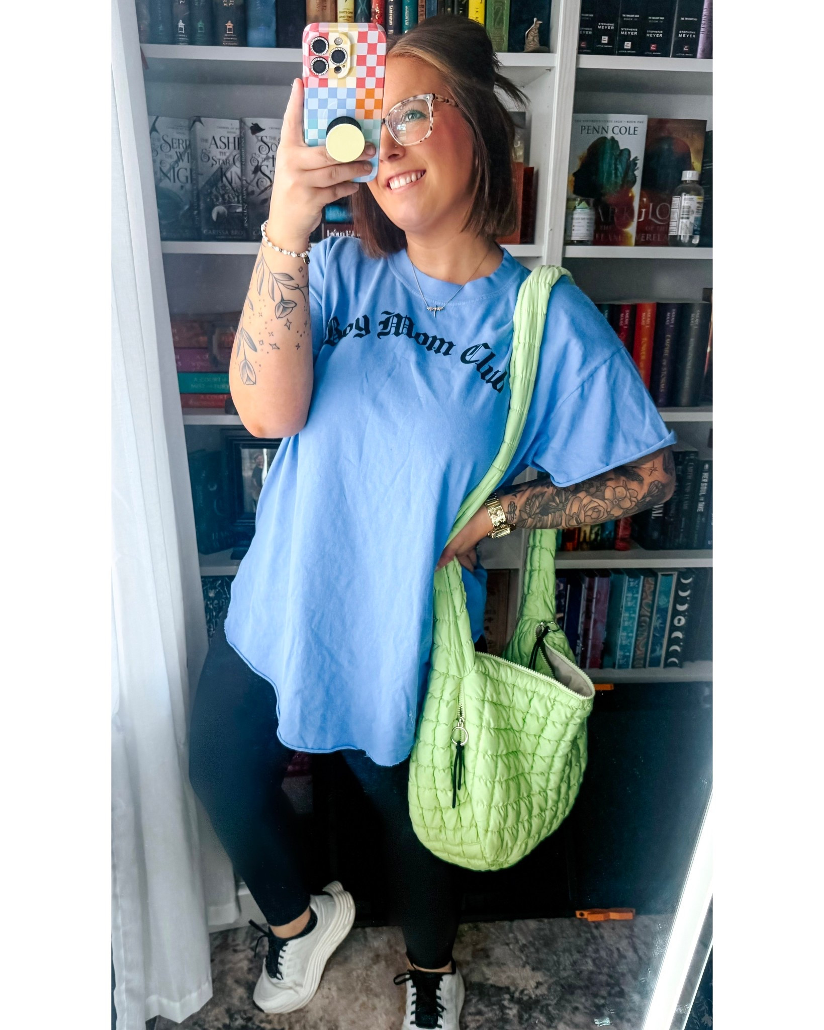Comfy, cute, and caffeinated—reppin’ the Boy Mom Club in style!
#OOTD #BoyMomStyle #CasualLook #MomLifeFashion #MirrorSelfie #BookishBackground #EverydayStyle 

#LTKMidsize #LTKFindsUnder50 #LTKSaleAlert