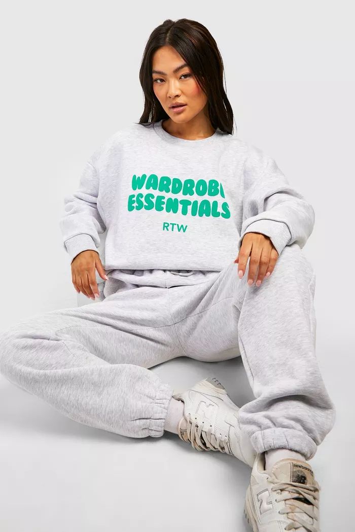 Wardrobe Essentials Slogan Sweater Tracksuit | Boohoo.com (UK & IE)